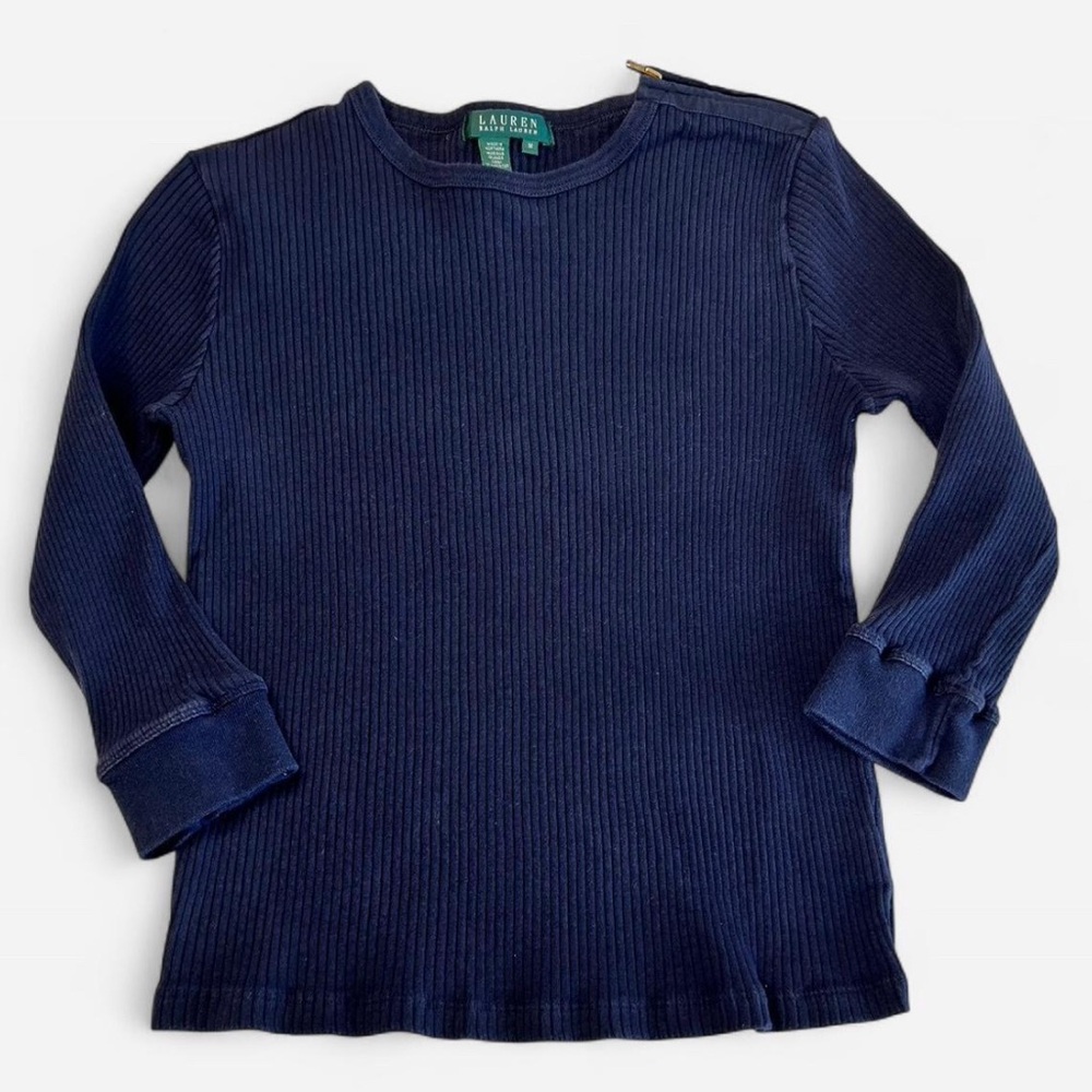 Lauren Ralph Lauren Ribbed Knit Top Stretch Cotton Preppy Coastal Navy Zipper